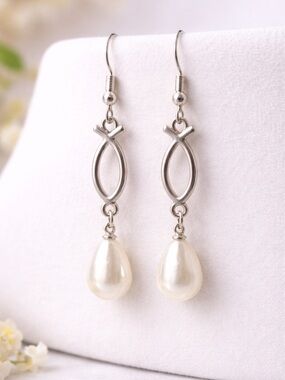 Pearl Drop Earrings | Silver Fish Shape | Minimal Elegant Dangle